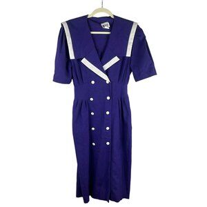 Vintage 80s 90s REO Sailor Midi‎ Sheath Dress Women Medium Purple Cotton Retro